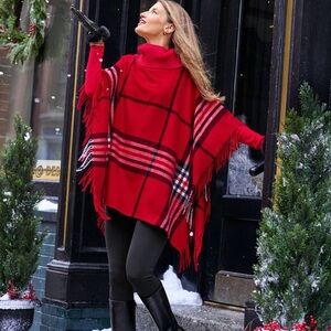 Talbots Red Plaid Turtleneck Poncho Sweater- XS/S